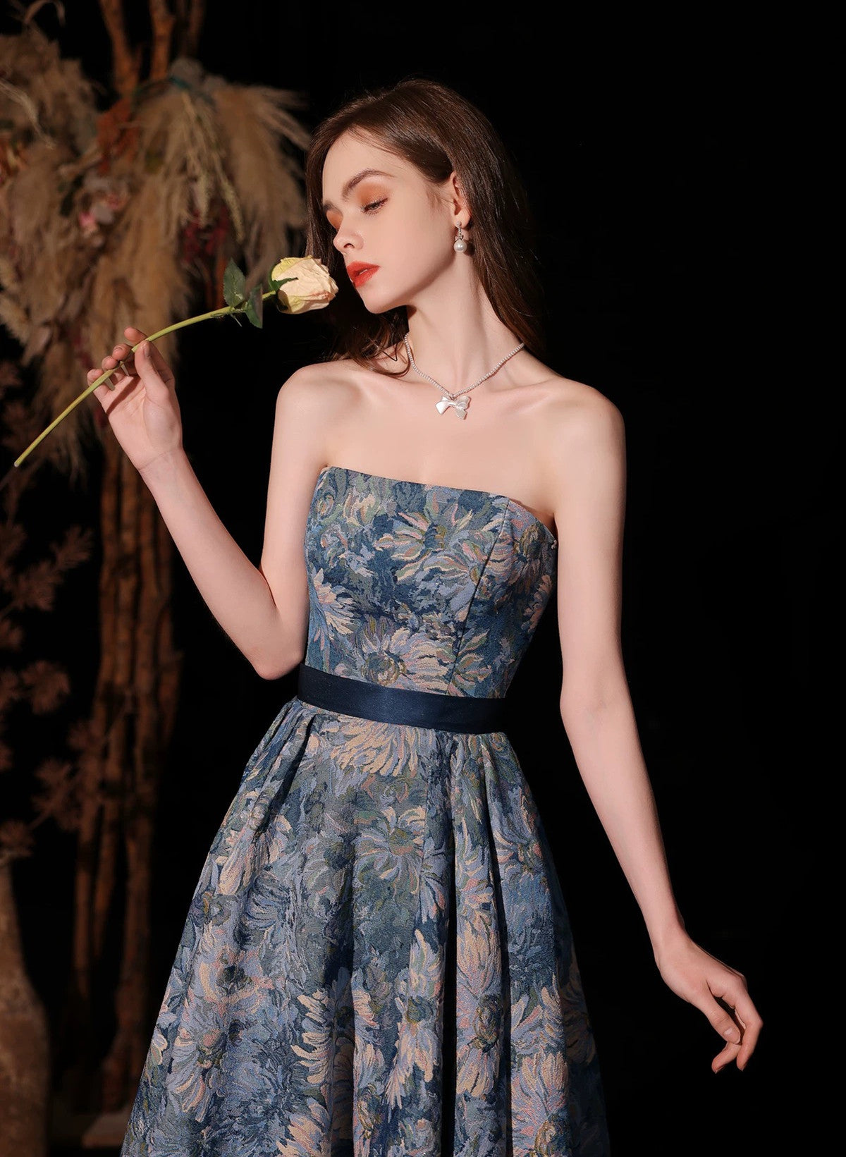 Blue Floral A-line Scoop Long Prom Dress Party Dress