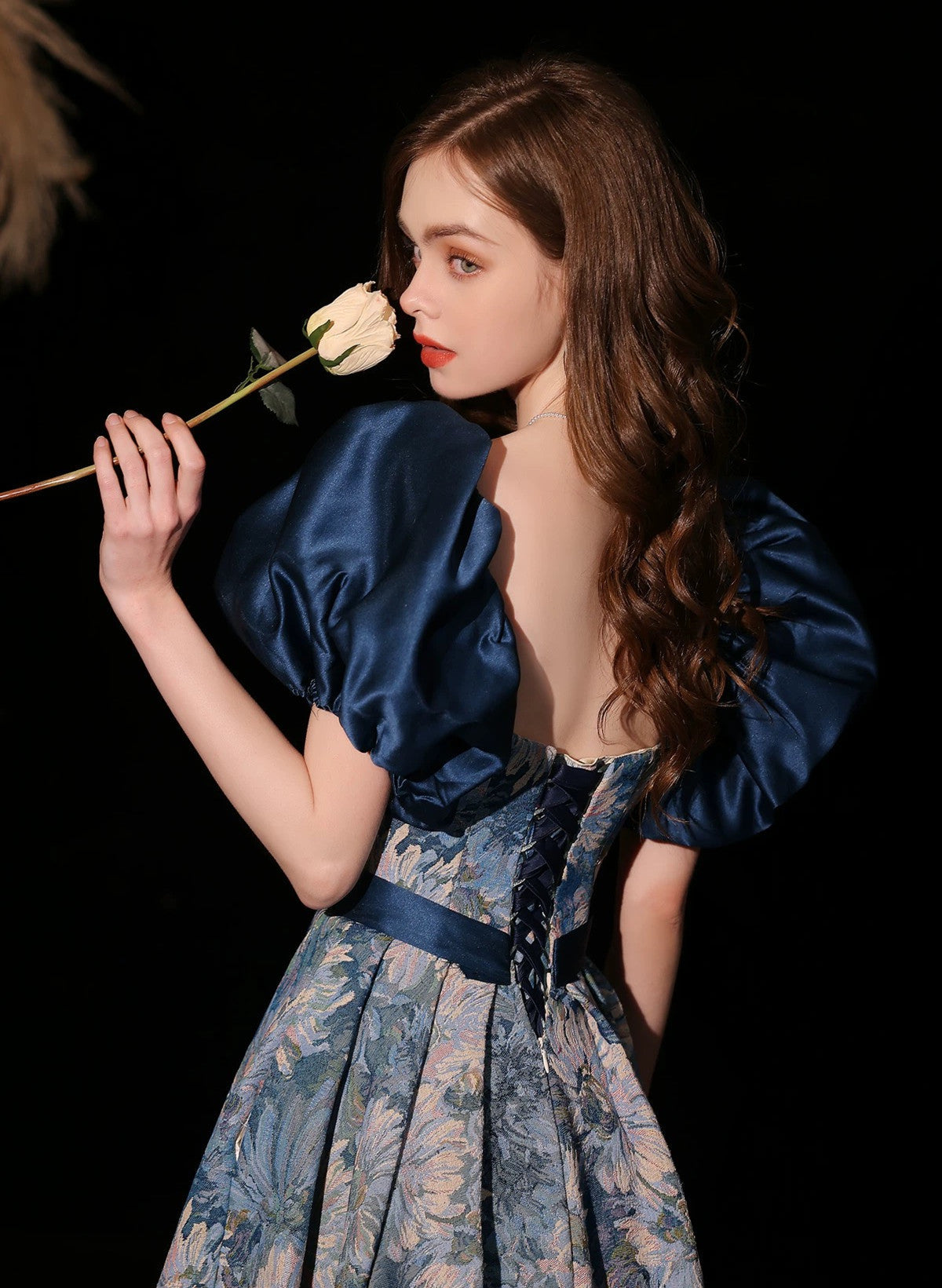 Blue Floral A-line Scoop Long Prom Dress Party Dress