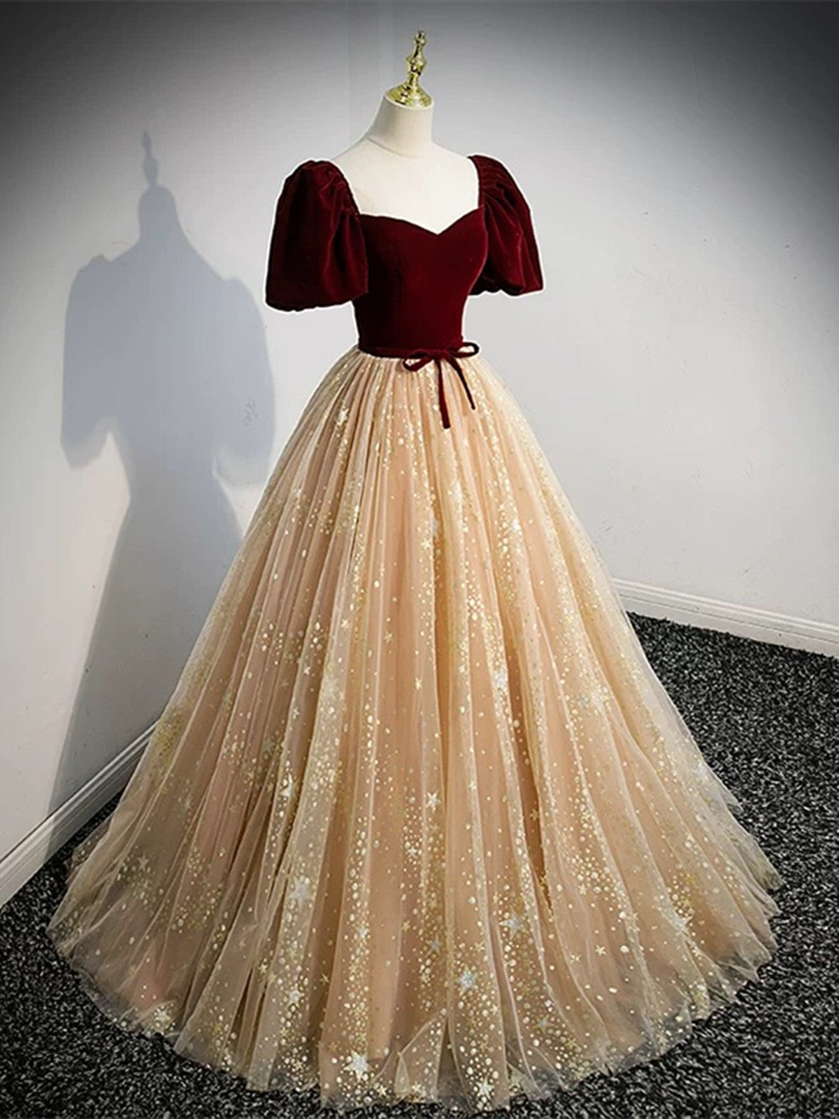Champagne Tulle and Velvet Long Party Dress