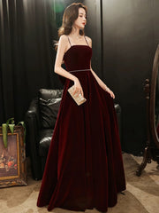 Wine Red Velvet Straps Long Party Dress with Bow