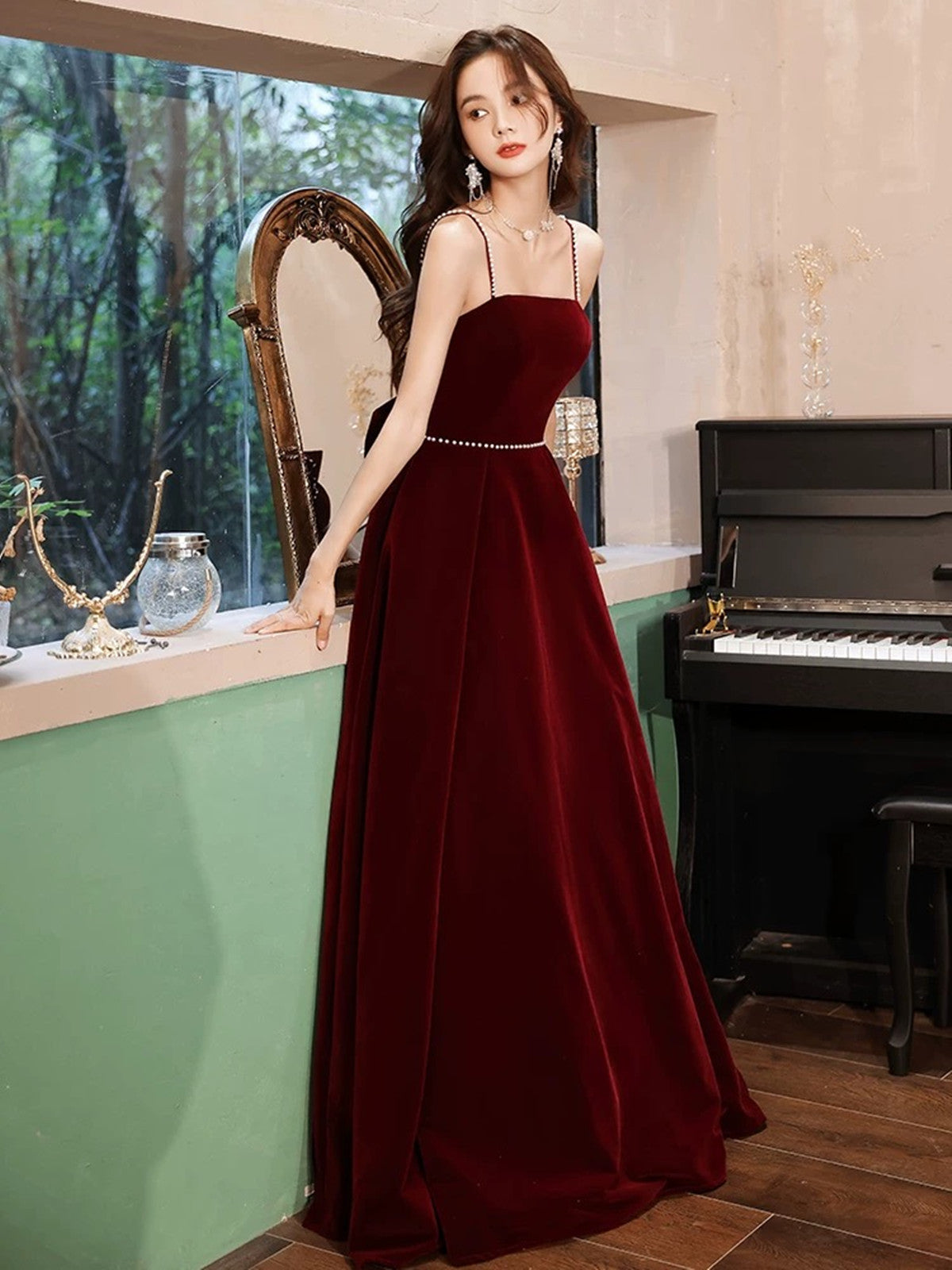 Wine Red Velvet Straps Long Party Dress with Bow