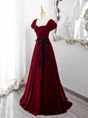 Precioso vestido formal de terciopelo rojo vino con mangas cortas 