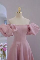 Vestido de fiesta rosa de satén con corte A y hombros descubiertos 
