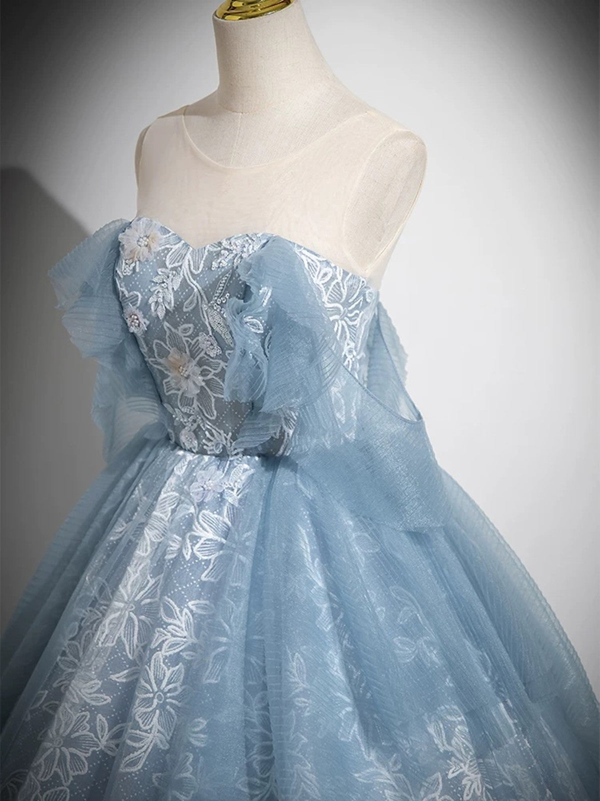 Blue A-line Lace and Tulle Long Formal Dress