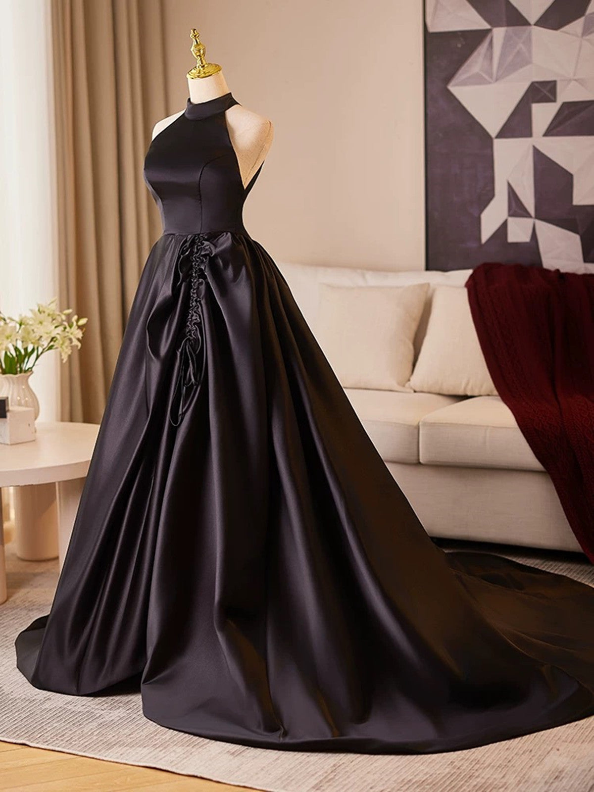 Black Satin Haler Open Back Long Prom Dress