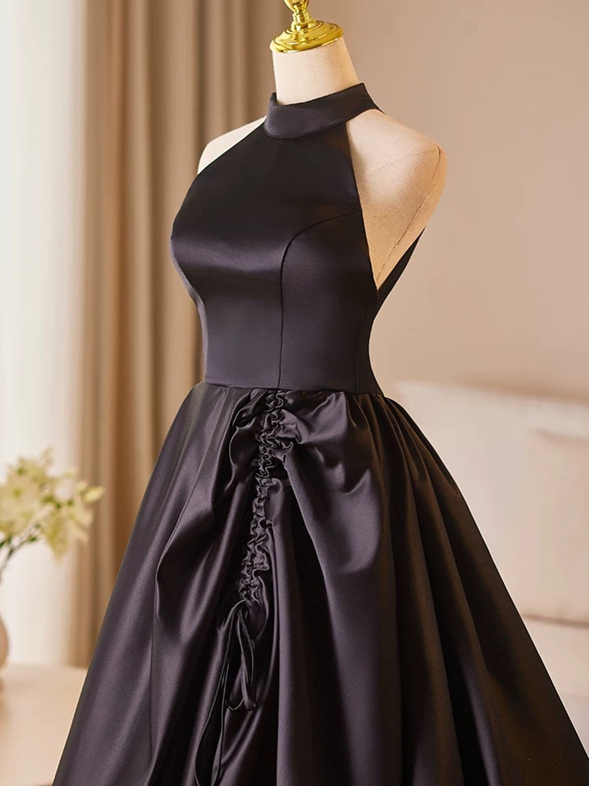 Black Satin Haler Open Back Long Prom Dress