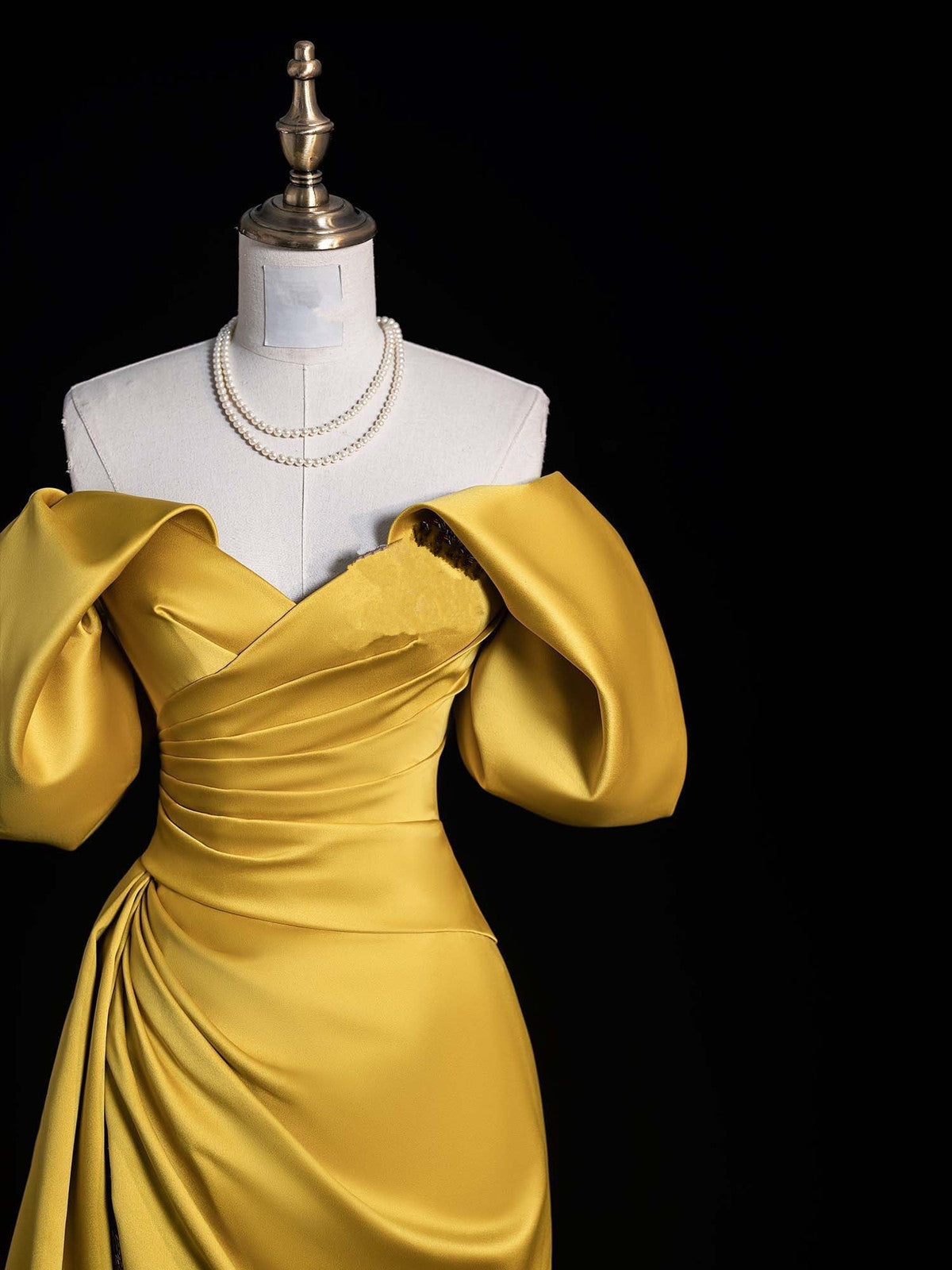 Gold Satin Off Shoulder A-line Party Dress Prom Dress