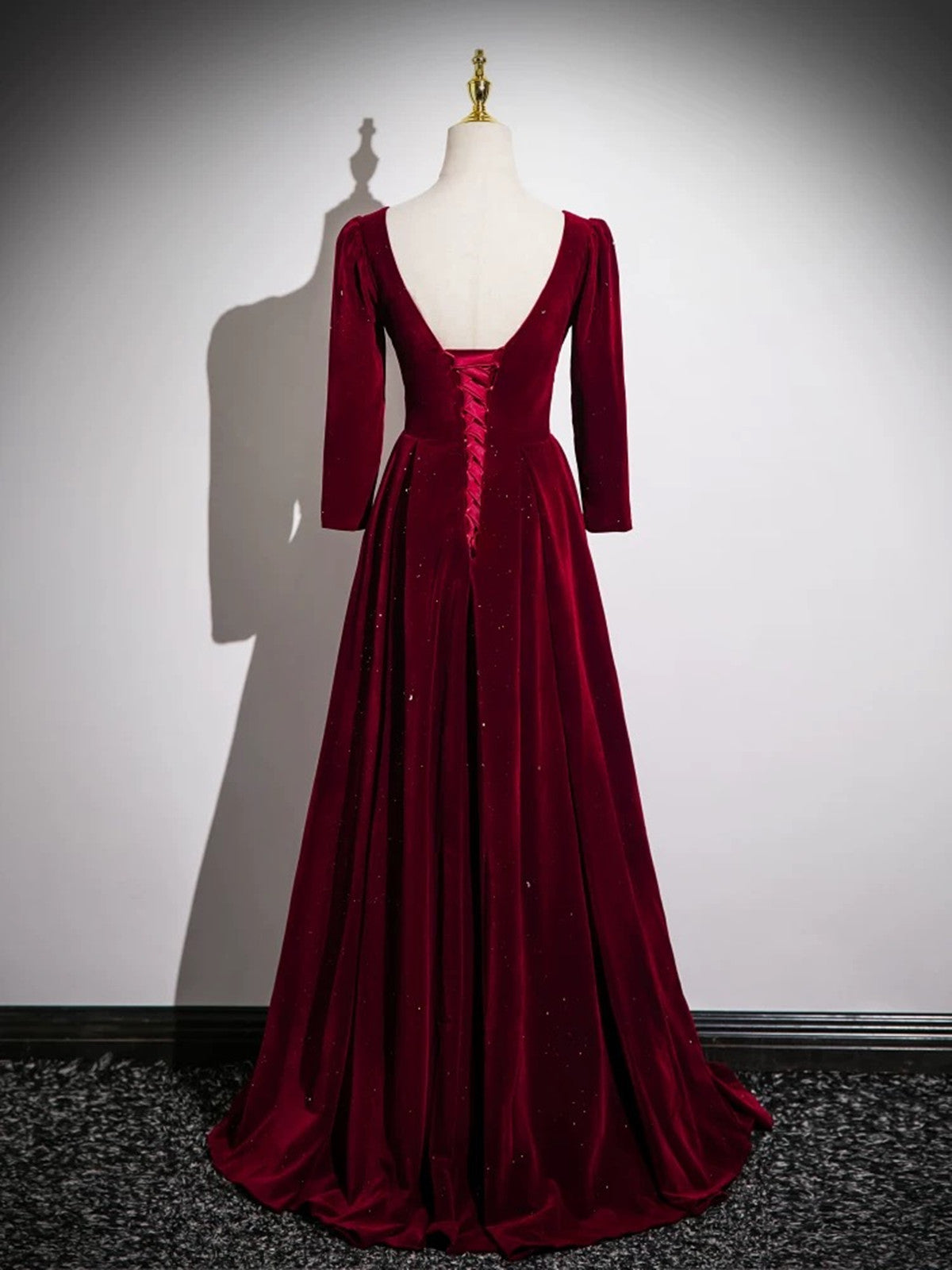 Wine Red Velvet Long Sleeves A-line Floor Length Prom Dress