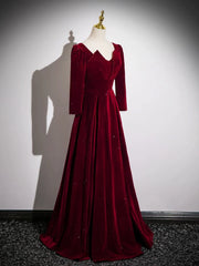 Wine Red Velvet Long Sleeves A-line Floor Length Prom Dress