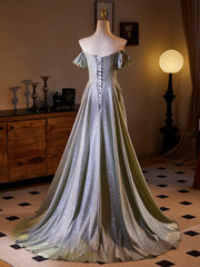 Vestido de fiesta largo con hombros descubiertos, corte A, color gris plateado 
