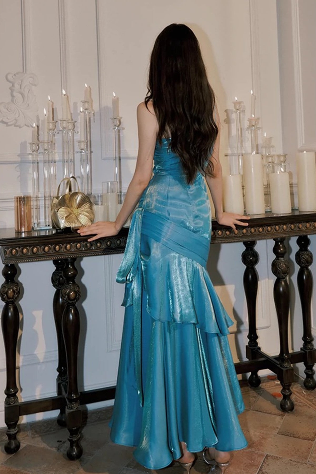 Blue Mermaid Straps Long Sweetheart Prom Dress