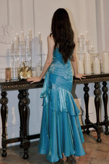 Blue Mermaid Straps Long Sweetheart Prom Dress