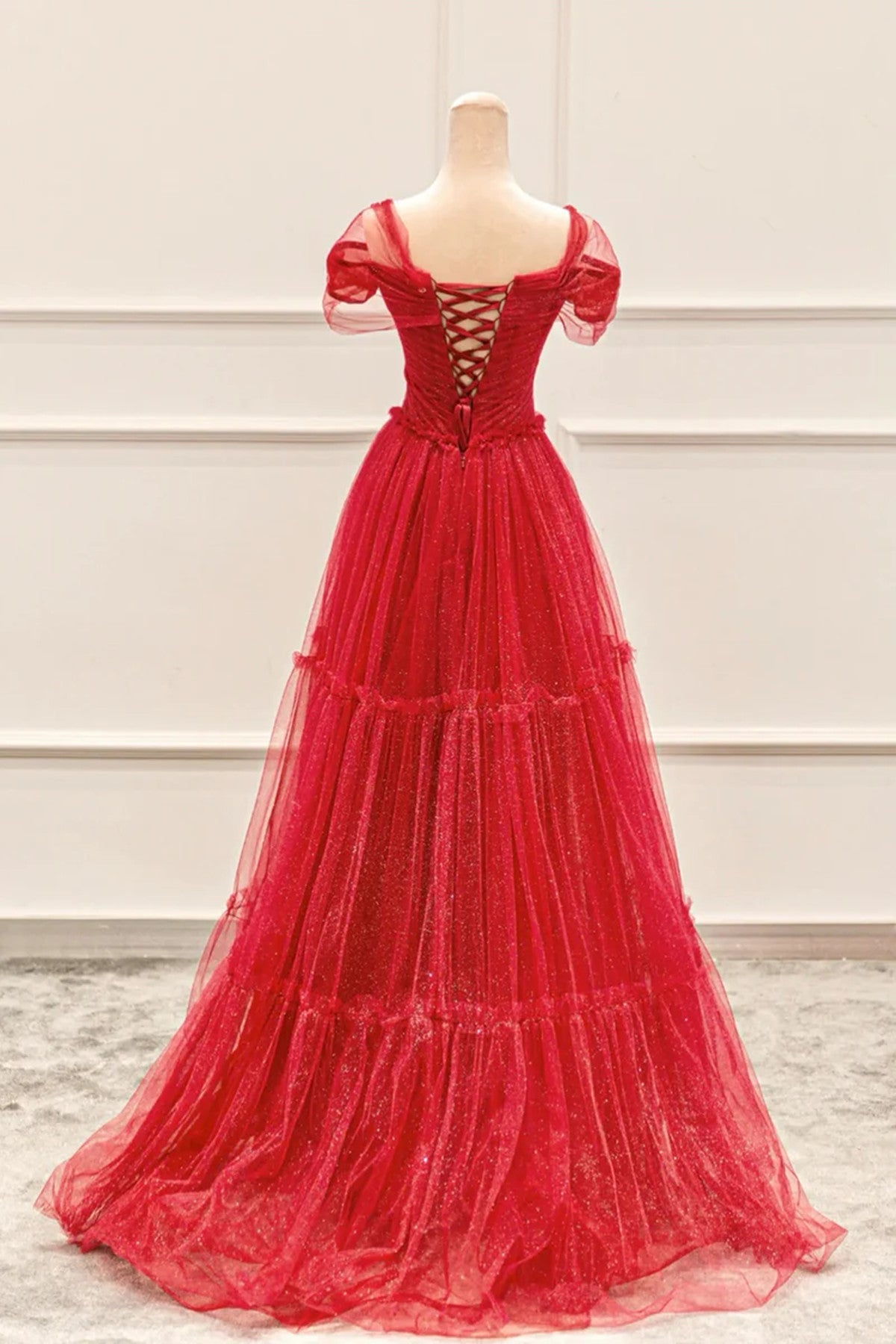Vestido de fiesta rojo de tul brillante, largo hasta el suelo, corte A 