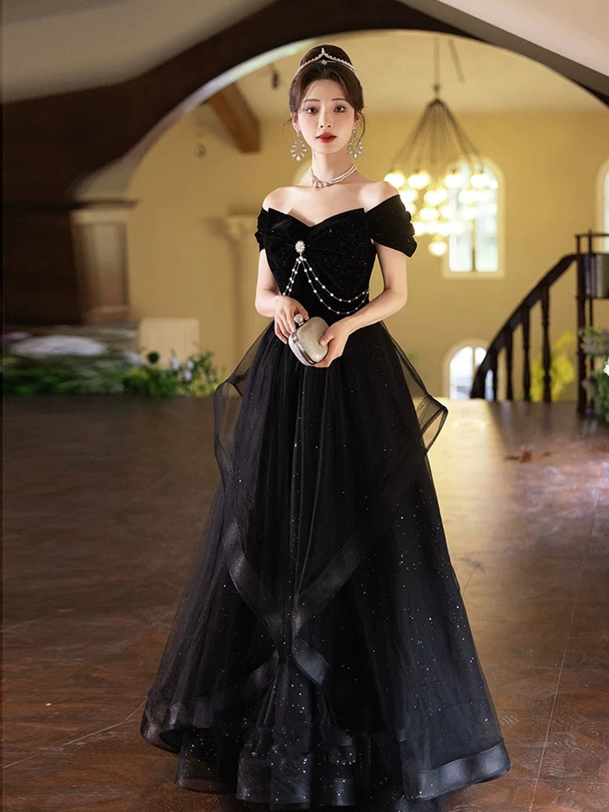Vestido de fiesta largo de tul y terciopelo negro con escote en forma de corazón, vestido de fiesta negro de manga corta 