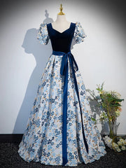 Blue Floral Satin Short Sleeves Long Formal Dress