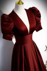 A-line Short Sleeves V-neckline Satin Prom Dress