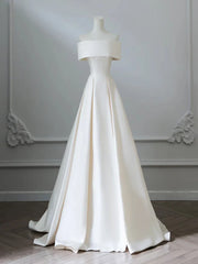 Simple A-line Ivory Satin Off Shoulder Long Party Dress
