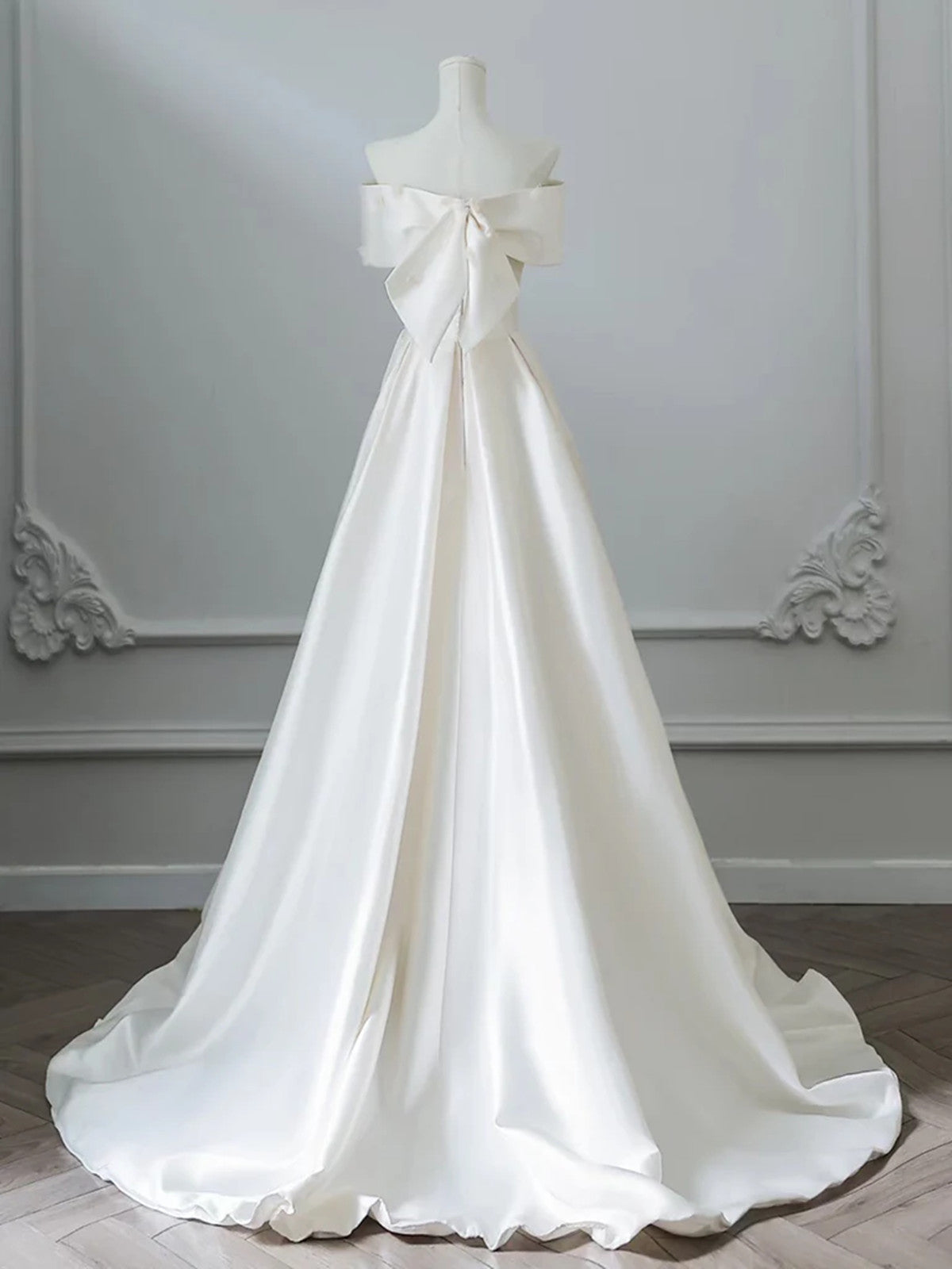 Simple A-line Ivory Satin Off Shoulder Long Party Dress