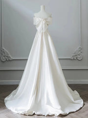 Simple A-line Ivory Satin Off Shoulder Long Party Dress