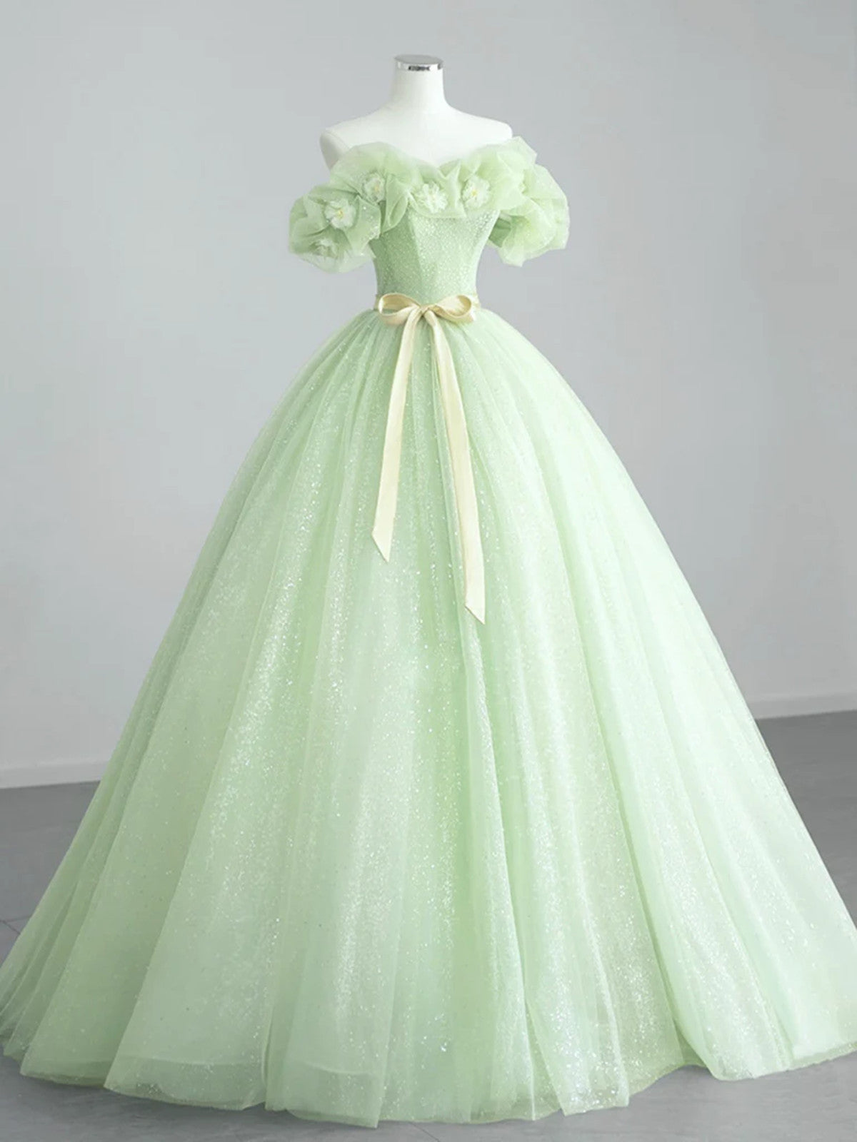 Vestido de fiesta de tul verde claro con flores, corte A 
