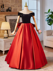 Vestido de fiesta de satén con hombros descubiertos en rojo y negro 