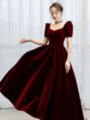 Vestido de fiesta de terciopelo rojo vino con mangas cortas y cuentas 