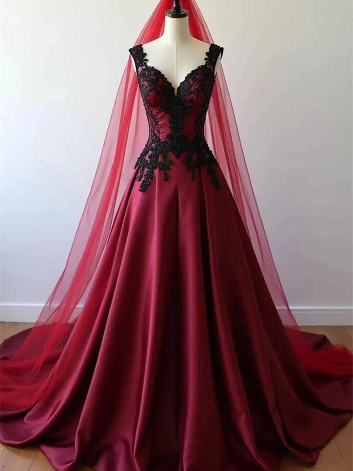 Vestido de fiesta de satén rojo vino con escote en forma de A y largo hasta el suelo 