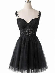 A-line Black Tulle Short Party Dress with Lace