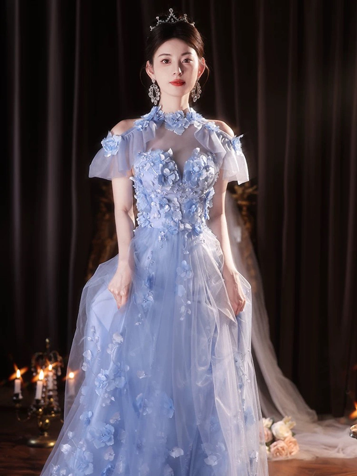 Light Blue Flowers Tulle Party Dress