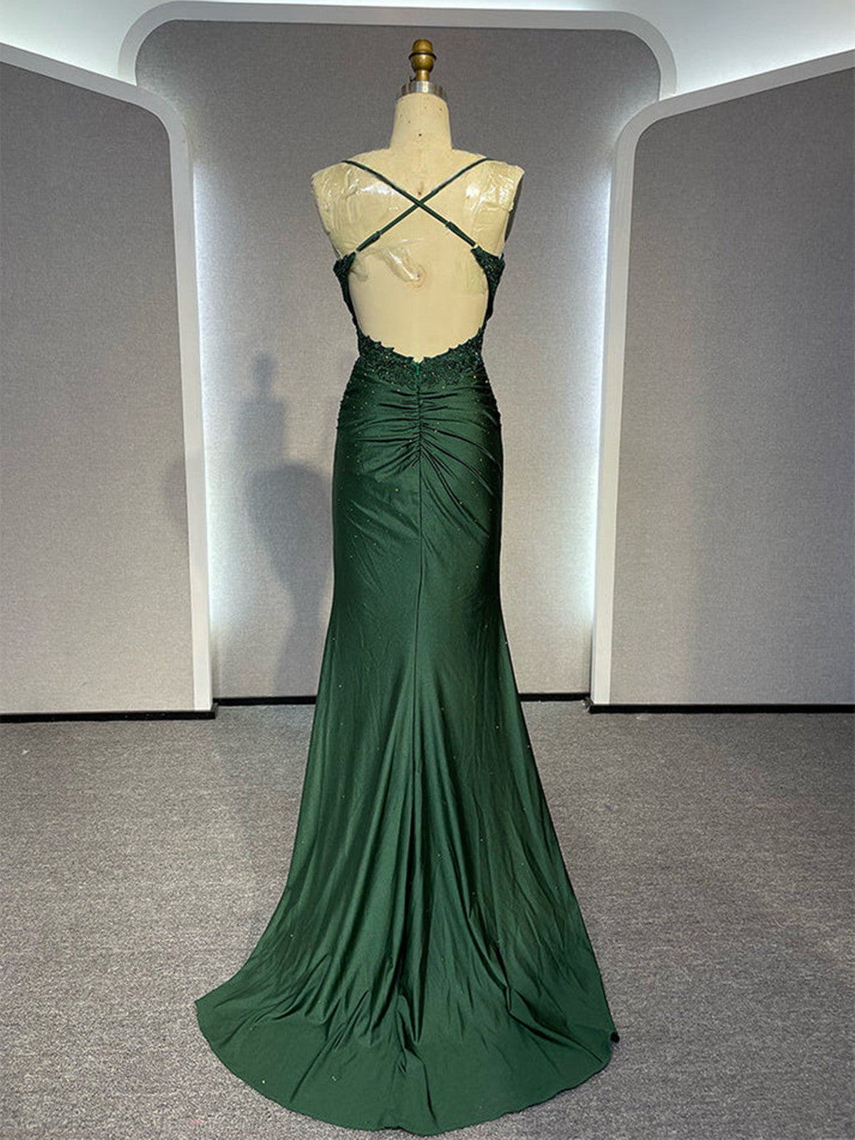 Green Spandex Mermaid Cross Back with Lace Party Dress