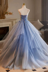 Blue Sweetheart Tulle Strapless Long Prom Dress