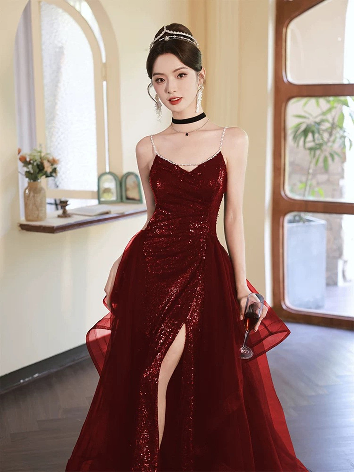 Wine Red Sequins A-line Strap Beaded Party Dress