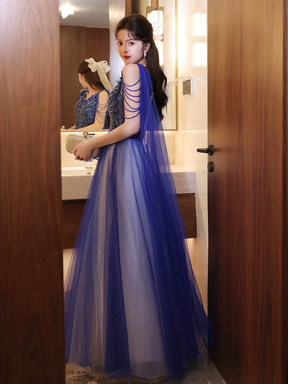Blue and White V-neckline Floor Length Tulle Party Dress