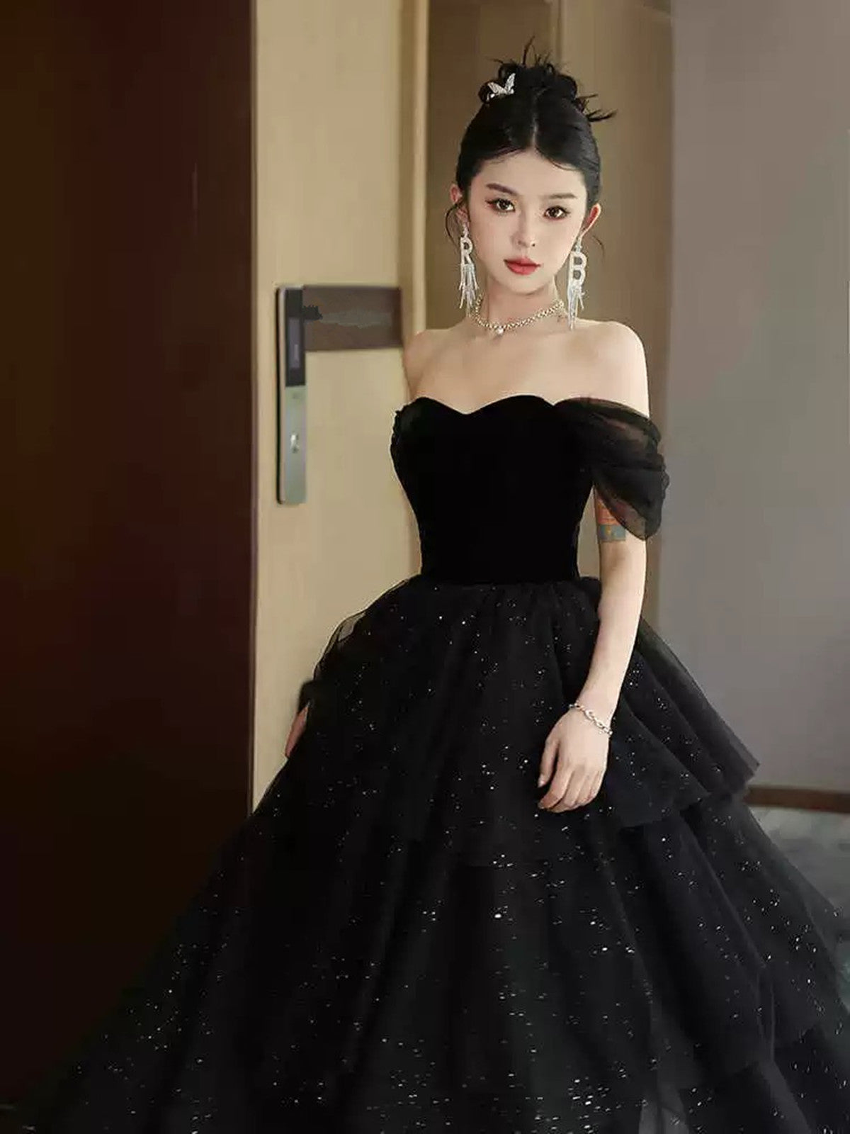 A-line Black Tulle and Velvet Layers Long Party Dress