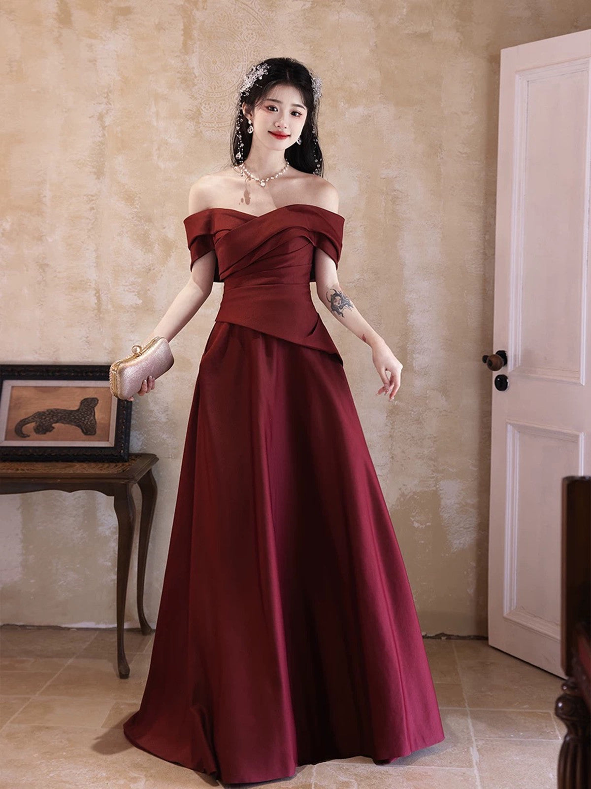 Wine Red A-line Satin Off Shoulder Party Dress