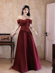 Wine Red A-line Satin Off Shoulder Party Dress