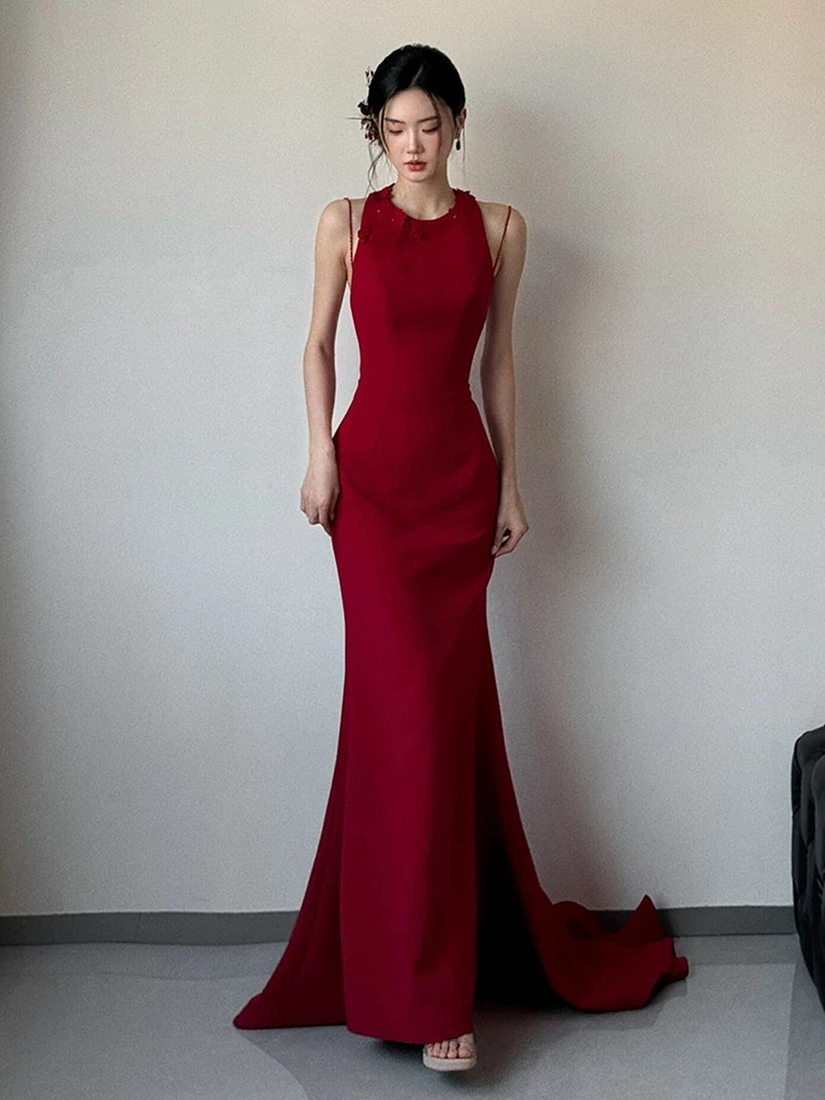 Wine Red Halter Mermaid Spandex Long Evening Dress
