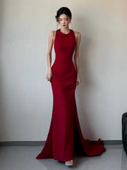 Wine Red Halter Mermaid Spandex Long Evening Dress