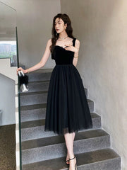 Black Tulle and Velvet Straps Knee Length Homecoming Dress
