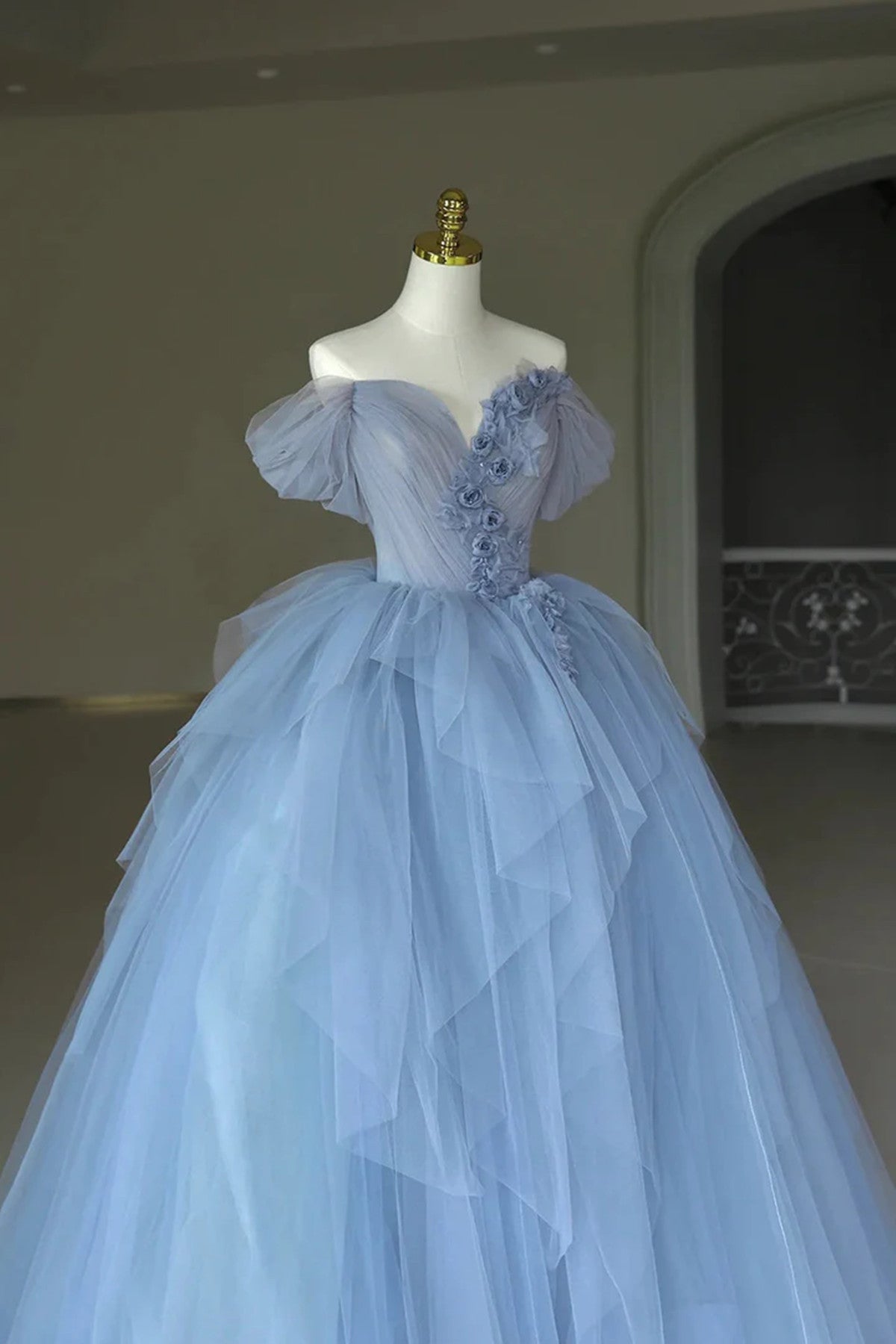 Blue Sweetheart Tulle Off Shoulder Party Dress