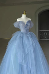 Blue Sweetheart Tulle Off Shoulder Party Dress