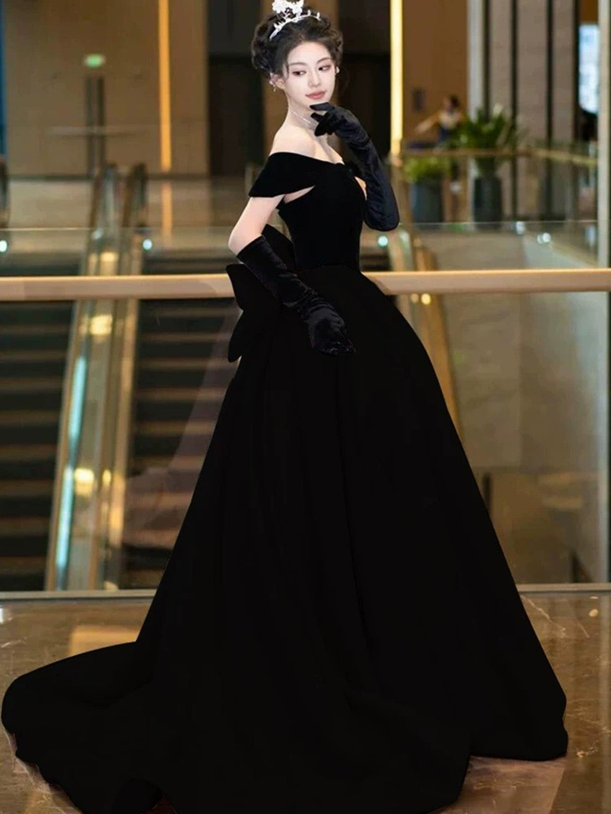 Black Velvet Off Shoulder Low Back Prom Dress with Bow