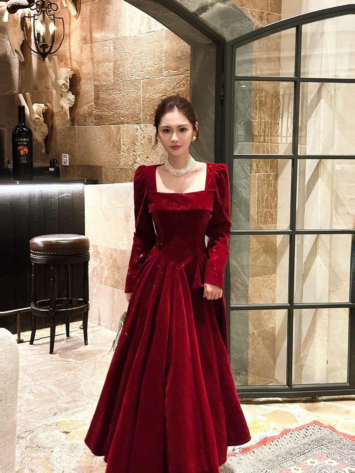 Wine Red Long Sleeves Velvet A-line Formal Dress