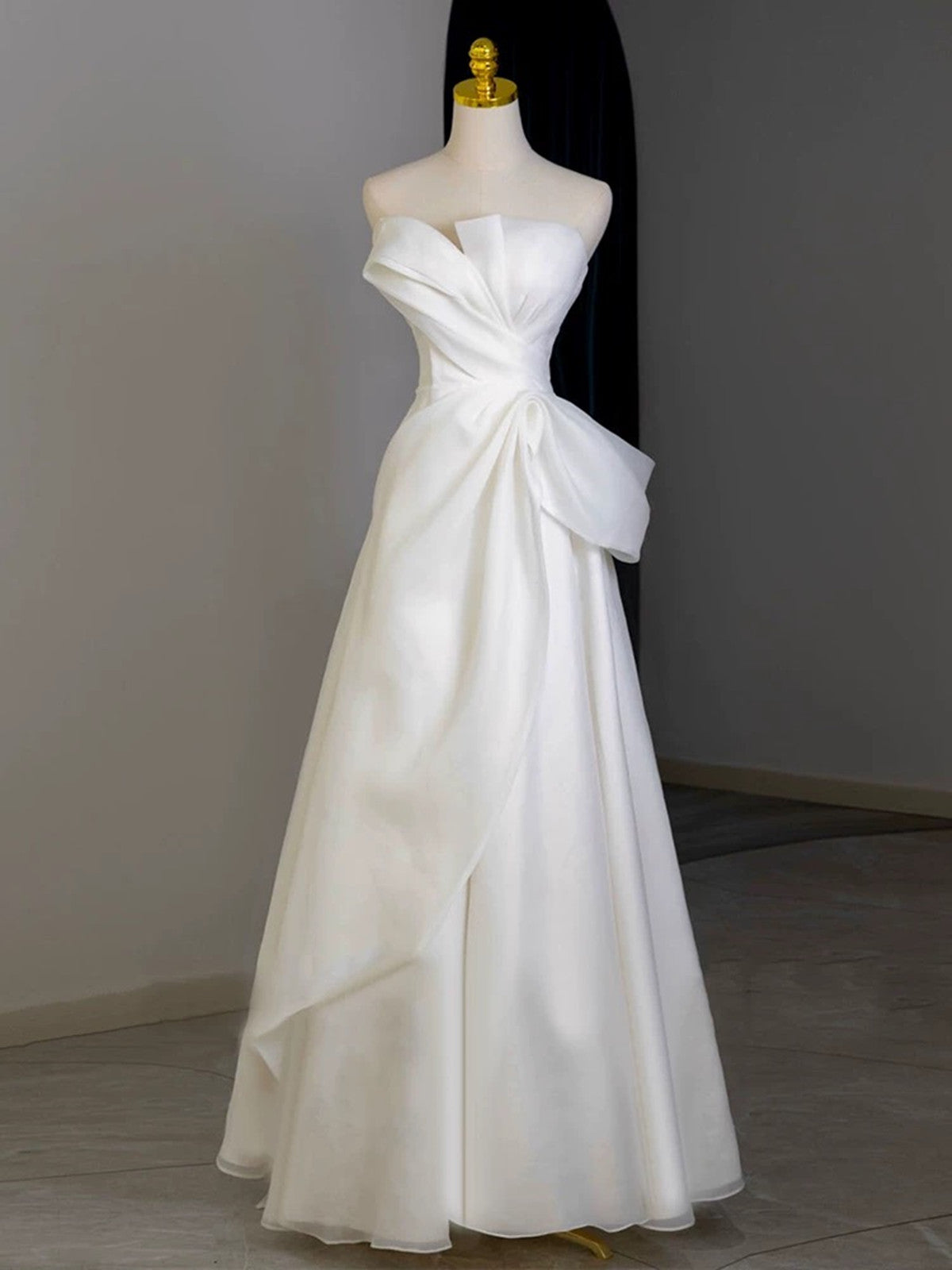A-Line White Floor Length Organza Satin Formal Dress