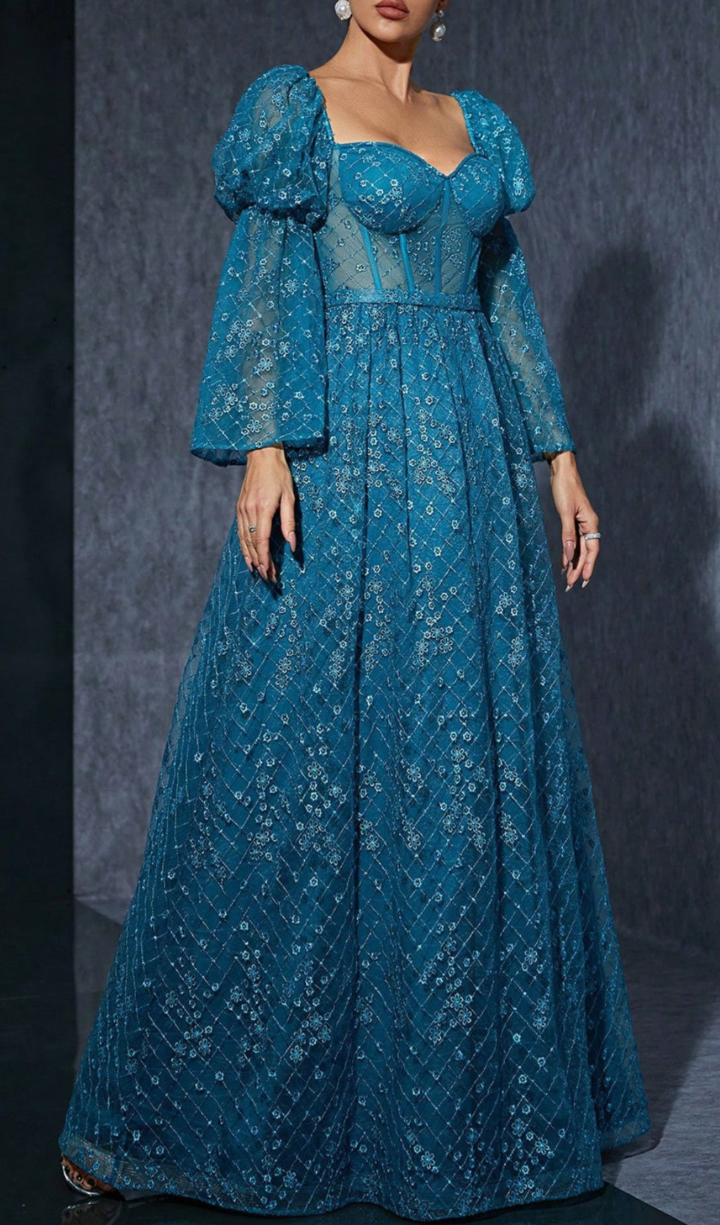 Dita Blue Corset Floral Embroidered Maxi Gown with Dramatic Puff Sleeves