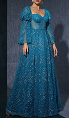Dita Blue Corset Floral Embroidered Maxi Gown with Dramatic Puff Sleeves