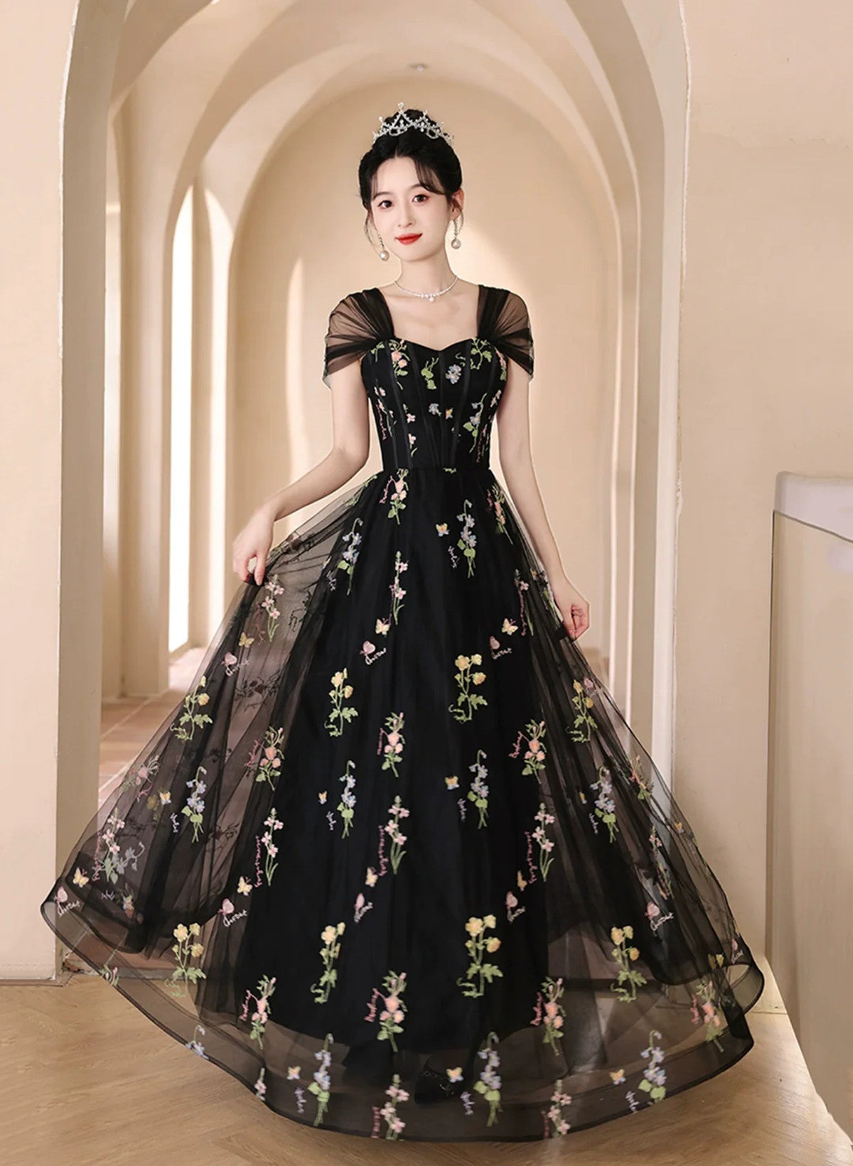 Black Floral Off Shoulder Tulle Long Prom Dress