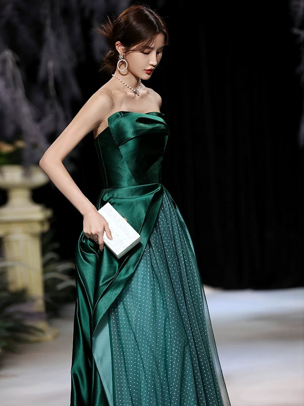 Green Satin and Tulle Strapless A-line Party Dress
