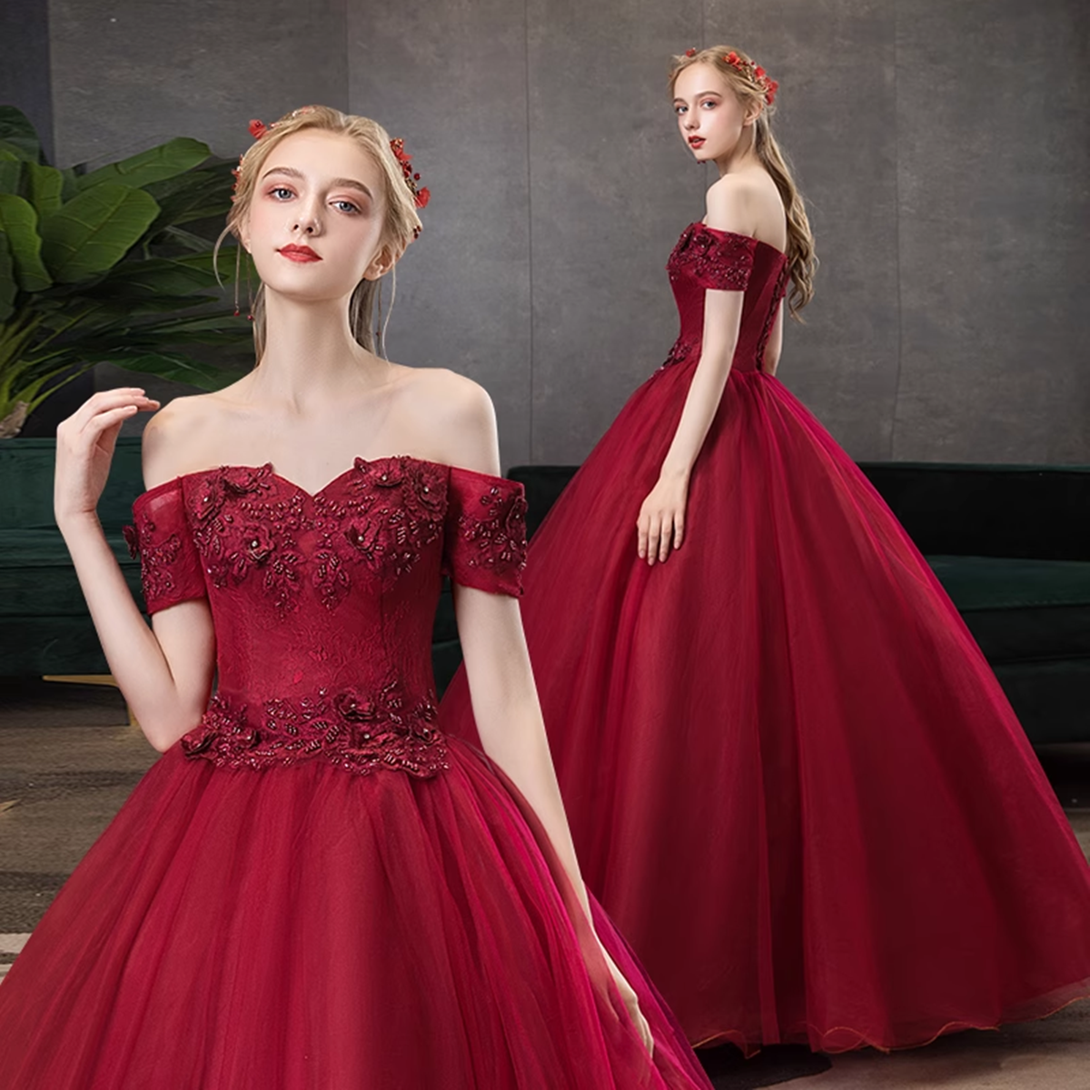Vestido de fiesta rojo vino con escote en forma de corazón y hombros descubiertos 