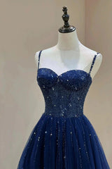 A-line Beaded Dark Blue Straps Tulle Prom Dress